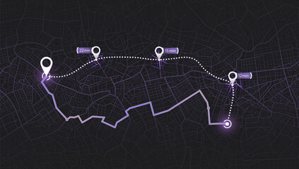 Map city with gps pins. Direction markers for navigation. Street, road, park. Destinations sing along the path. Alternative way with location system. Urban map with pointers. Vector, Black background