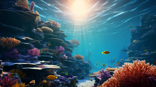 beautiful underwater scenery with various types of fish and coral reefs © ginstudio