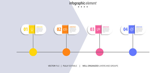 Vector infographic label design concept with circle layout and marketing icons with 4 steps or options.
