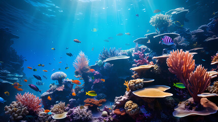 Naklejka na ściany i meble beautiful underwater scenery with various types of fish and coral reefs