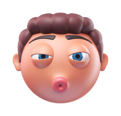 Emoji kissing face of funny man. Cartoon smiley on transparent background. 3D render front view