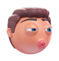 Emoji kissing face of funny man. Cartoon smiley on transparent background. 3D render left view