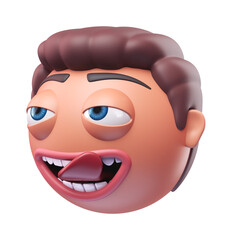 Emoji face savoring food of funny man. Cartoon smiley on transparent background. 3D render right view
