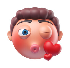 Emoji face blowing a kiss of funny man. Cartoon smiley on transparent background. 3D render front view