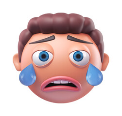 Emoji crying face of funny man. Cartoon smiley on transparent background. 3D render front view