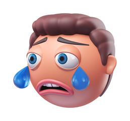 Emoji crying face of funny man. Cartoon smiley on transparent background. 3D render right view