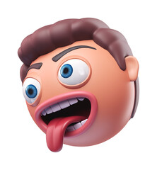Emoji zany face of funny man. Cartoon smiley on transparent background. 3D render right view