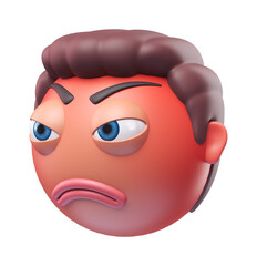Emoji angry face of funny man. Cartoon smiley on transparent background. 3D render right view