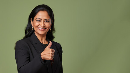 Confident senior indian businesswoman at work smiling with a thumb up
