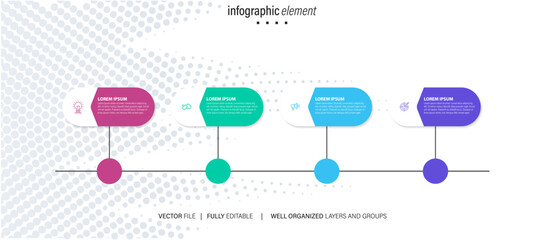 Thin line flat process . Business infographic with 4 options, arrows. Vector linear elements for presentation.
