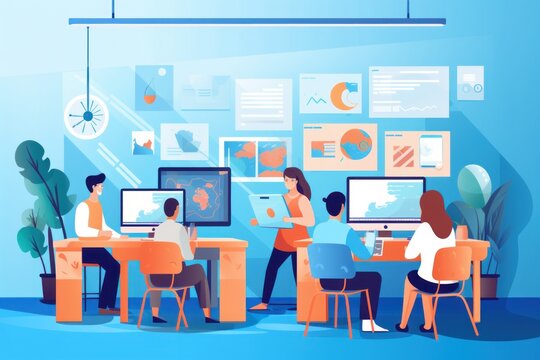 Group business team video conference meeting online concept. flat vector illustration cartoon character design concept, Generative AI