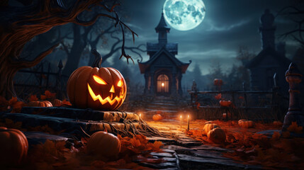 Happy Halloween celebration pumpkin and dark castle with  graveyard. Full Moon spooky night mysterious forest darkness scene background. Generative AI