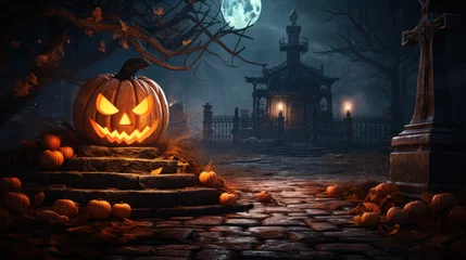 Fotobehang Happy Halloween celebration pumpkin and dark castle with  graveyard. Full Moon spooky night mysterious forest darkness scene background. Generative AI © goku4501