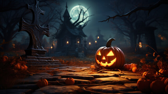 Happy Halloween celebration pumpkin and dark castle with  graveyard. Full Moon spooky night mysterious forest darkness scene background. Generative AI