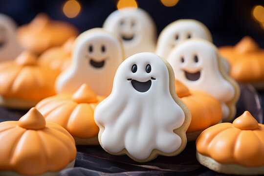 Close-up image Smiling face Casper Halloween-themed cookies, Generative AI