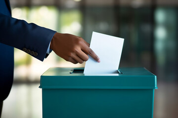 A close up of male votes hand inserting into a ballot box for an election