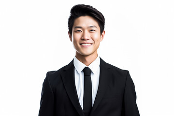 Happy businessman standing Isolated on white background. Portrait of young smiling handsome guy in formal black and white shirt with business suit. Generative AI.