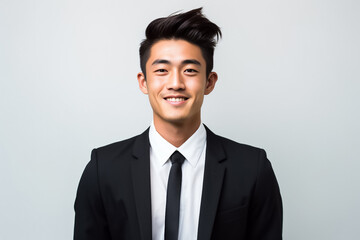 Happy businessman standing Isolated on white background. Portrait of young smiling handsome guy in formal black and white shirt with business suit. Generative AI.
