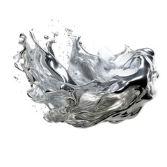 glistening molten silver splash frozen in an abstract futuristic 3d texture isolated on a transparent background, generative ai