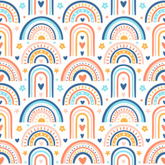 Hand drawn vector seamless pattern with boho baby rainbow. Modern cheerful background with arches. Cute Scandinavian colorful decorative nursery fabric, textile, gift wrapping paper