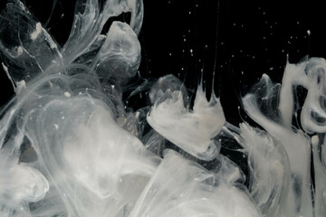 Abstract paint splash isolated on black background. Acrylic ink in water. selective focus.