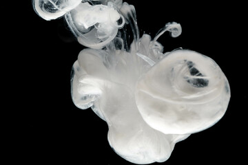 Abstract paint splash isolated on black background. Acrylic ink in water. selective focus.