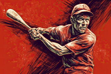 Humorous illustration of baseball player in a vintage uniform swinging a bat. 
This image was created using AI generative technology.	
