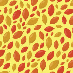 Seamless pattern of falling dry leaves on a pastel yellow background