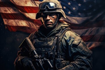 Fototapeta na wymiar american soldier against dark background american flag
