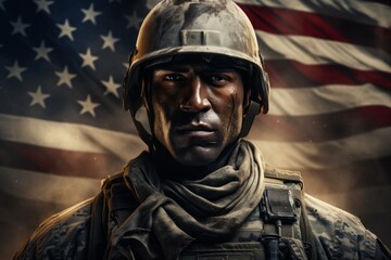 american soldier against dark background american flag