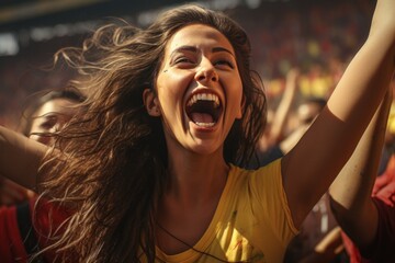 women fans watching soccer in stadium Colombian soccer jersey