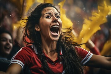 women fans watching soccer in stadium Colombian soccer jersey