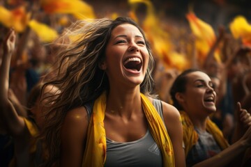 women fans watching soccer in stadium Colombian soccer jersey