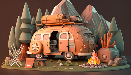 Camping 3D - Discover the beauty of the wilderness with this cozy camper van - ai generated