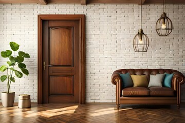 Interior background of room with brick wall, vase with branch and door 3d rendering An inviting living room interior adorned with a stucco wall