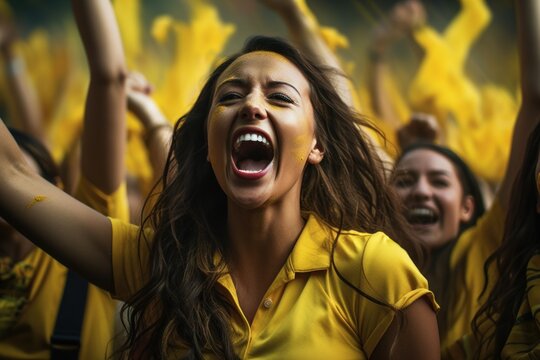 women fans watching soccer in stadium Colombian soccer jersey