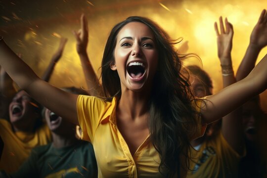 women fans watching soccer in stadium Colombian soccer jersey