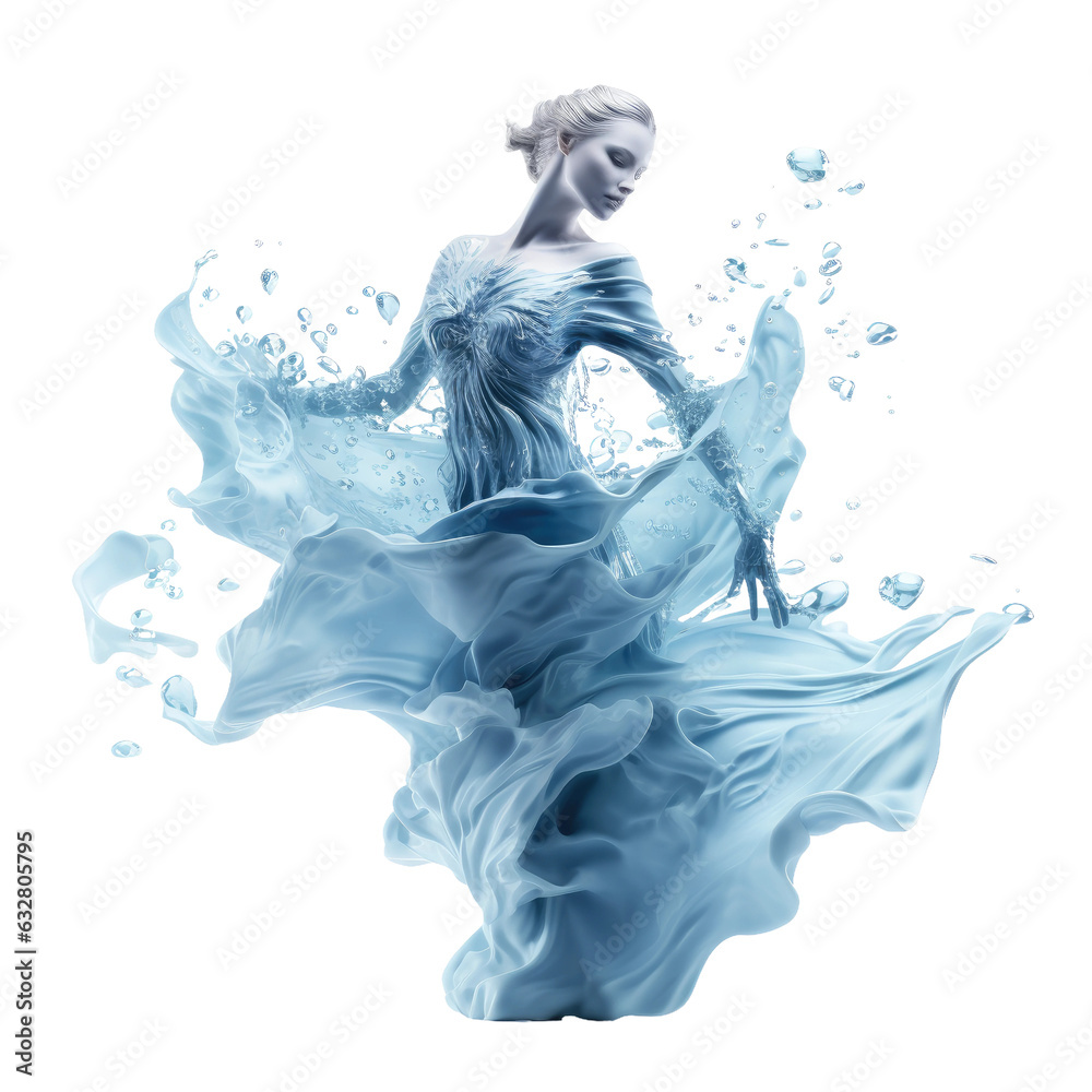 Wall mural conceptual woman dancing in splashing blue water frozen in an abstract futuristic 3d texture isolate