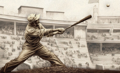 Illustration of baseball player in a vintage uniform swinging a bat inside a stadium. 
This image was created using AI generative technology.	