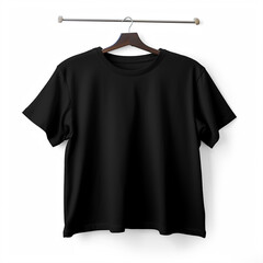 Black t-shirt on a hanger on a white background