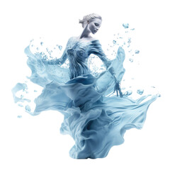 conceptual woman dancing in splashing blue water frozen in an abstract futuristic 3d texture isolated on a transparent background, generative ai