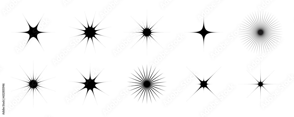 Poster black star and twinkle shapes set. retro bling collection. abstract y2k starburst shine effect pack.