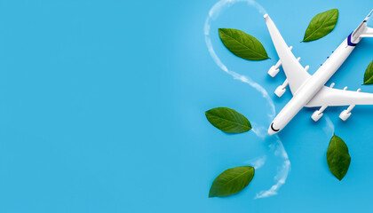 Sustainable Aviation Fuel. White airplane model, fresh green leaves on blue background. Clean and Green energy, Bio fuel for aviation industry.