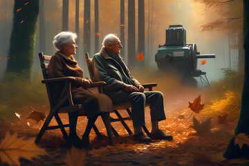 An elderly couple enjoying the sight of leaves falling from a wooden chair in a dense forest with closed eyes.Generative AI