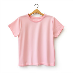 Blank girl pink t-shirt mockup on wooden hanger isolated over white