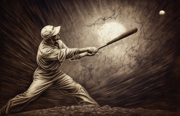 Illustration of baseball player in a vintage uniform swinging a bat with an abstract background. 
This image was created using AI generative technology.	
