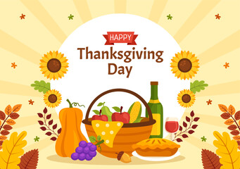 Happy Thanksgiving Day Vector Illustration with Turkey Bird, Pumpkin, Leaves and Many Others Elements Background Flat Cartoon Hand Drawn Templates