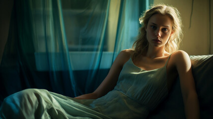 Obraz premium A female model on couch, natural light. Modified generative AI image.