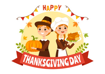 Happy Thanksgiving Day Vector Illustration with Turkey Bird, Pumpkin, Leaves and Many Others Elements Background Flat Cartoon Hand Drawn Templates