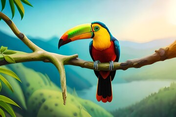 Beautiful toucan bird on a branch in a rainforest generated by AI tool